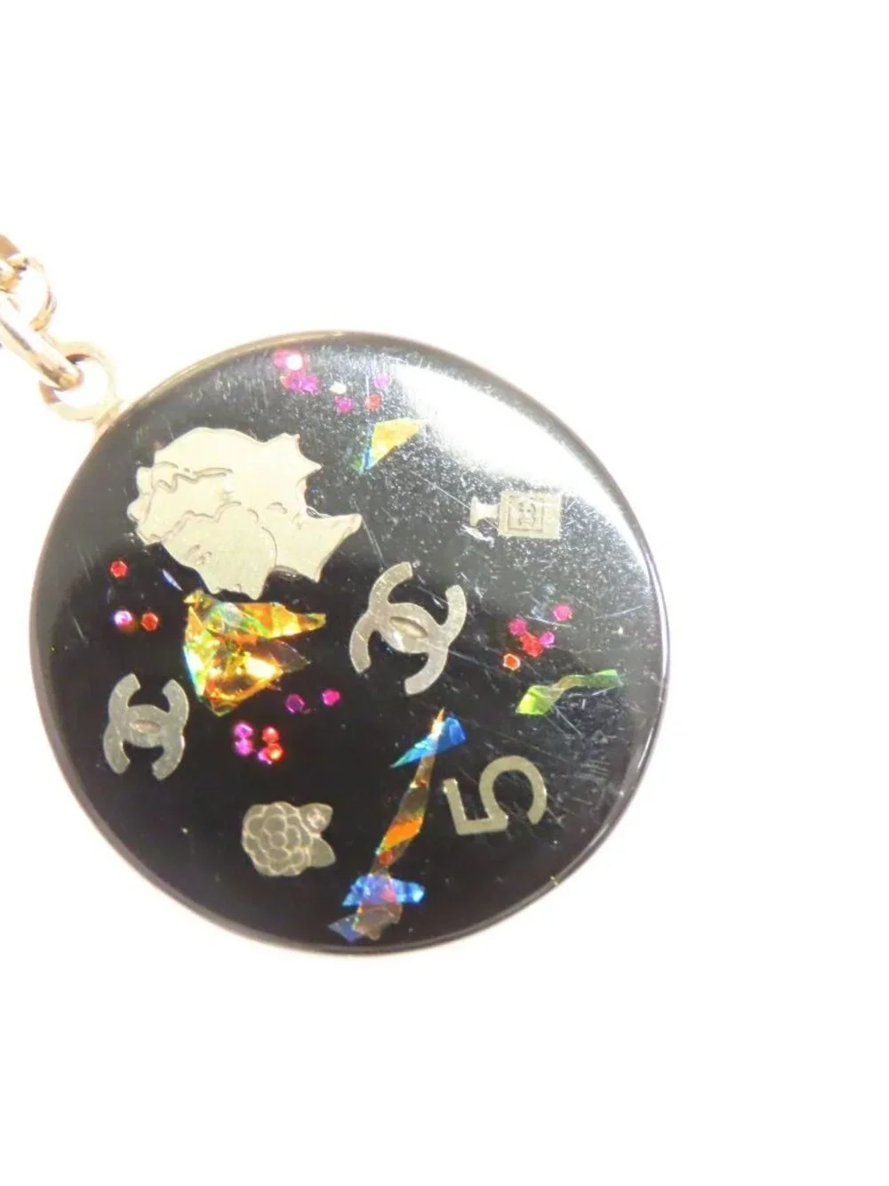 Chanel CC Logo Icon Pendant Gold Black Metal Plastic Camellia Necklace